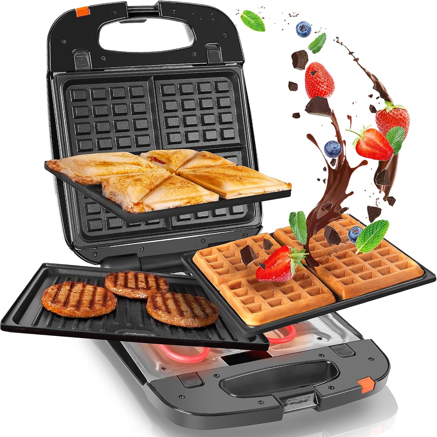 3-in-1 Electric Grill & Snack Maker with Plates