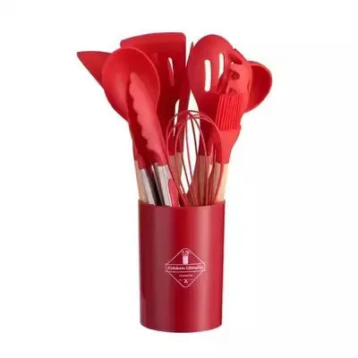 12 Piece Silicone Kitchen Utensils Set with Wooden Handles & Storage Bucket