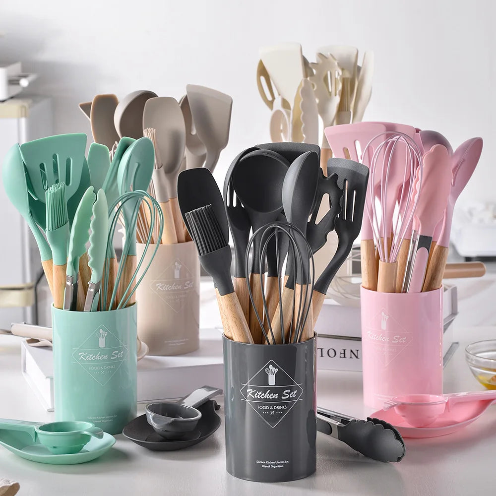 12 Piece Silicone Kitchen Utensils Set with Wooden Handles & Storage Bucket