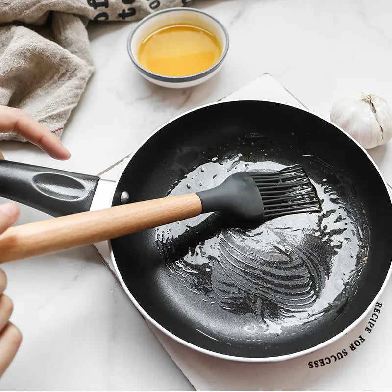 12 Piece Silicone Kitchen Utensils Set with Wooden Handles & Storage Bucket