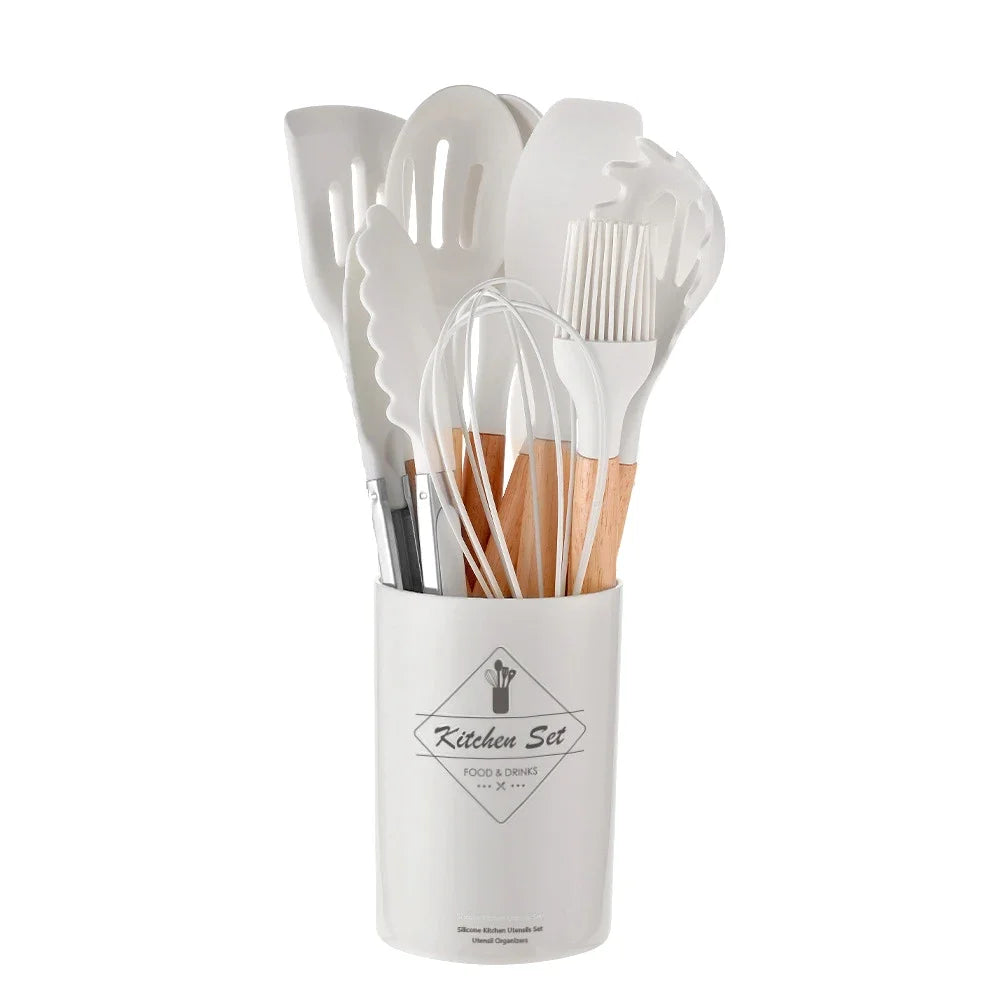 12 Piece Silicone Kitchen Utensils Set with Wooden Handles & Storage Bucket
