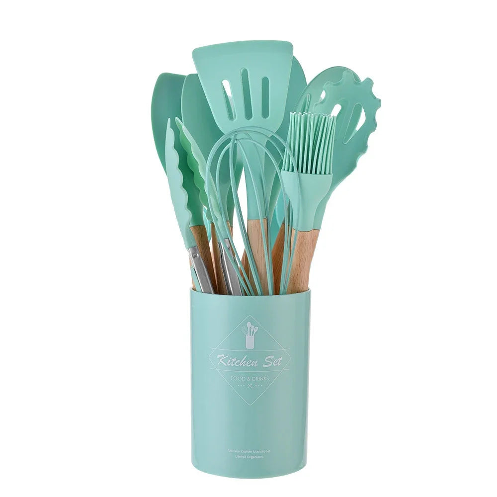12 Piece Silicone Kitchen Utensils Set with Wooden Handles & Storage Bucket