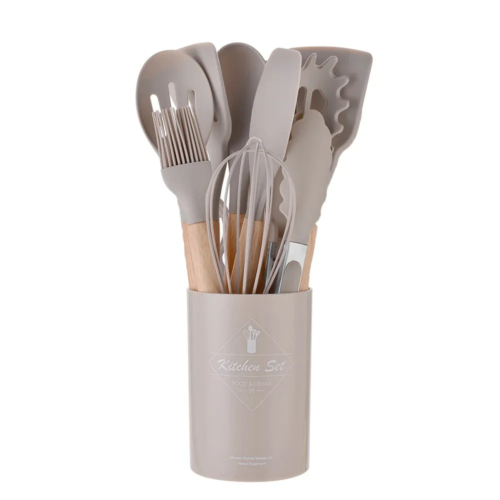 12 Piece Silicone Kitchen Utensils Set with Wooden Handles & Storage Bucket