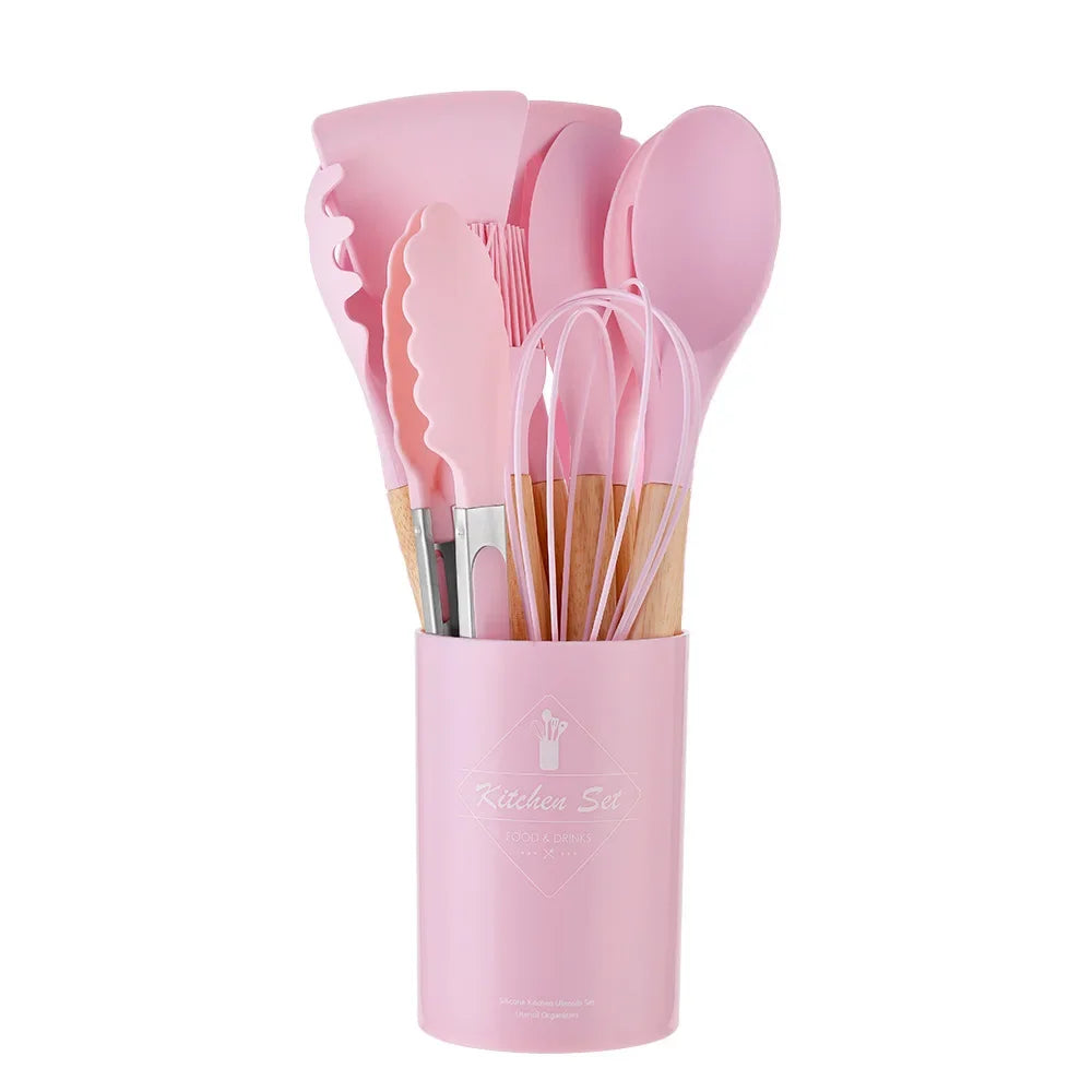 12 Piece Silicone Kitchen Utensils Set with Wooden Handles & Storage Bucket