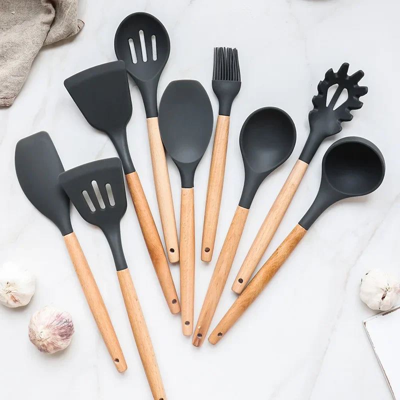 12 Piece Silicone Kitchen Utensils Set with Wooden Handles & Storage Bucket