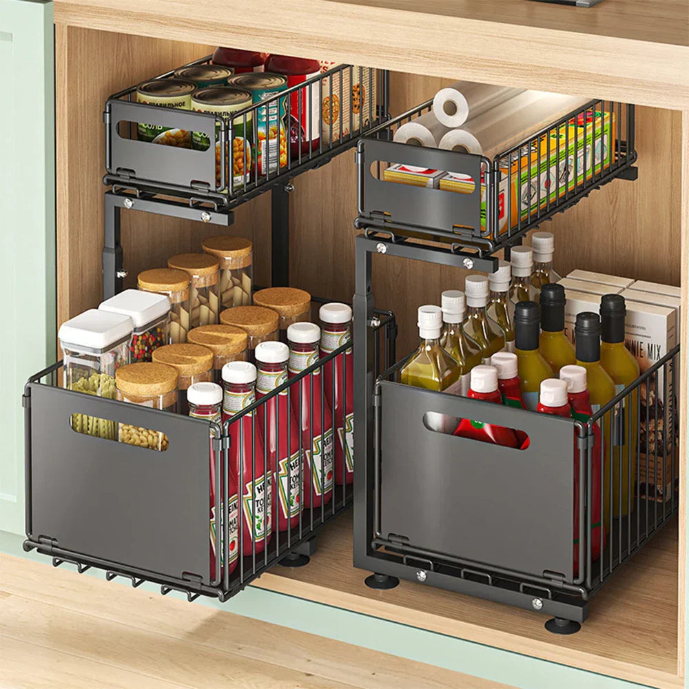 -Tier Pull-Out Cabinet Adjustable Kitchen Organizer
