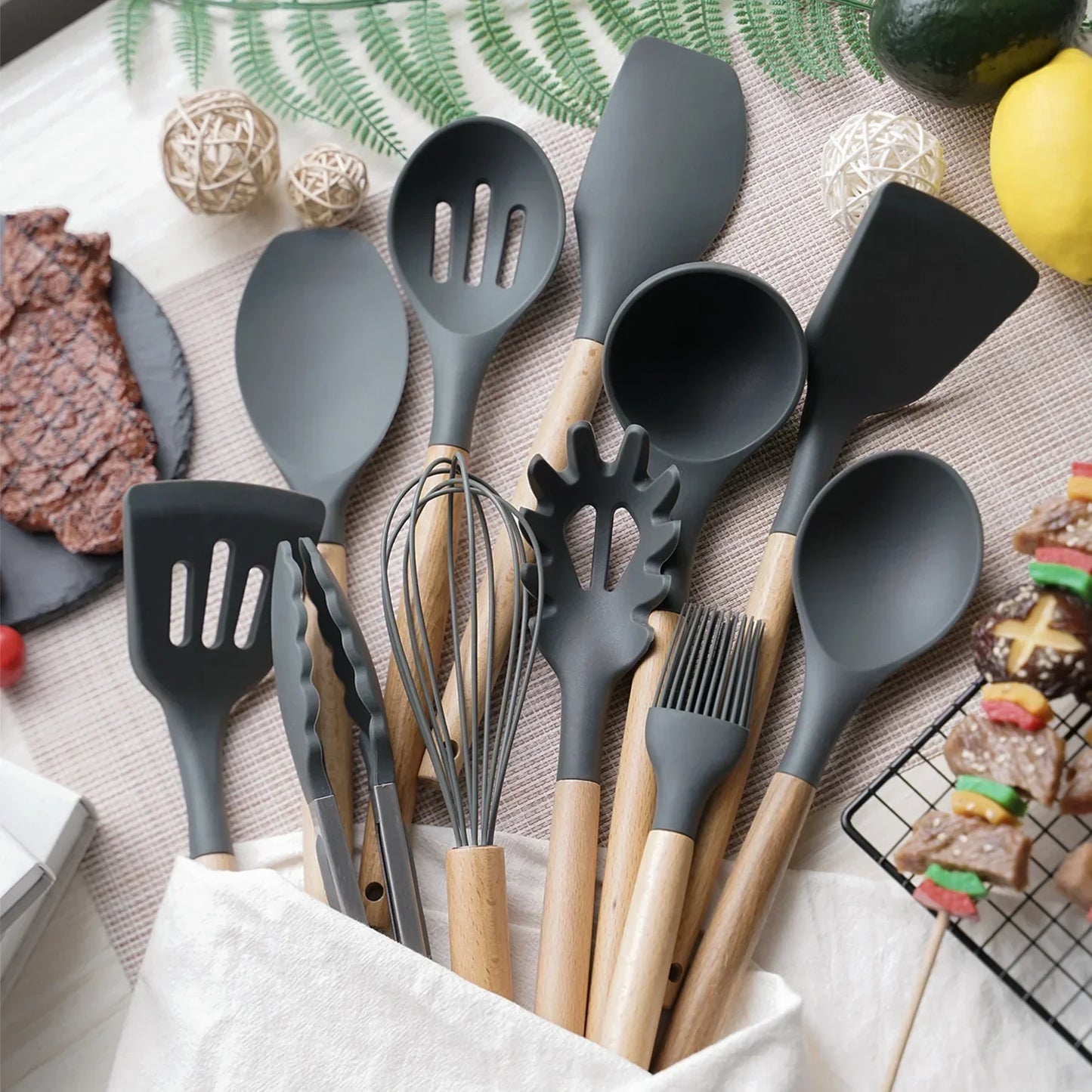 12 Piece Silicone Kitchen Utensils Set with Wooden Handles & Storage Bucket