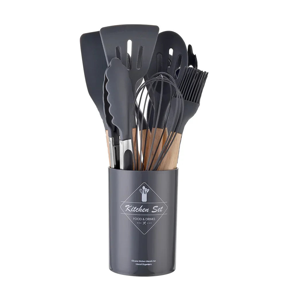 12 Piece Silicone Kitchen Utensils Set with Wooden Handles & Storage Bucket