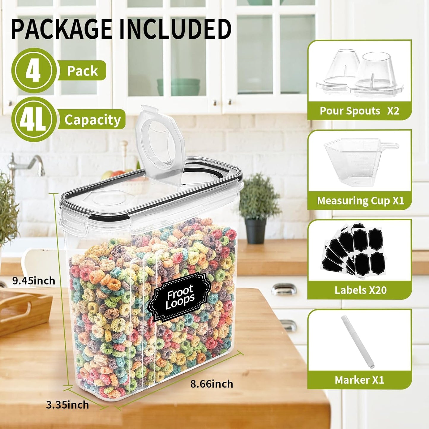 Skroam 4PCS 4L Cereal Containers Airtight Set