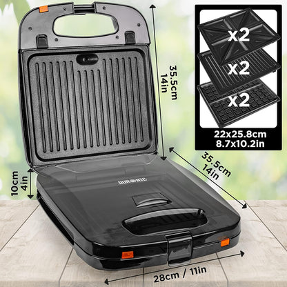 3-in-1 Electric Grill & Snack Maker with Plates