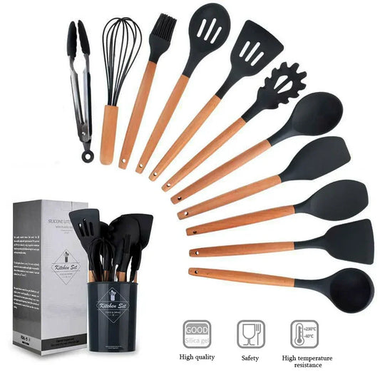 12 Piece Silicone Kitchen Utensils Set with Wooden Handles & Storage Bucket