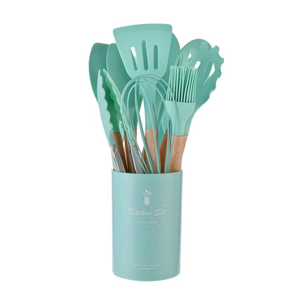 12 Piece Silicone Kitchen Utensils Set with Wooden Handles & Storage Bucket