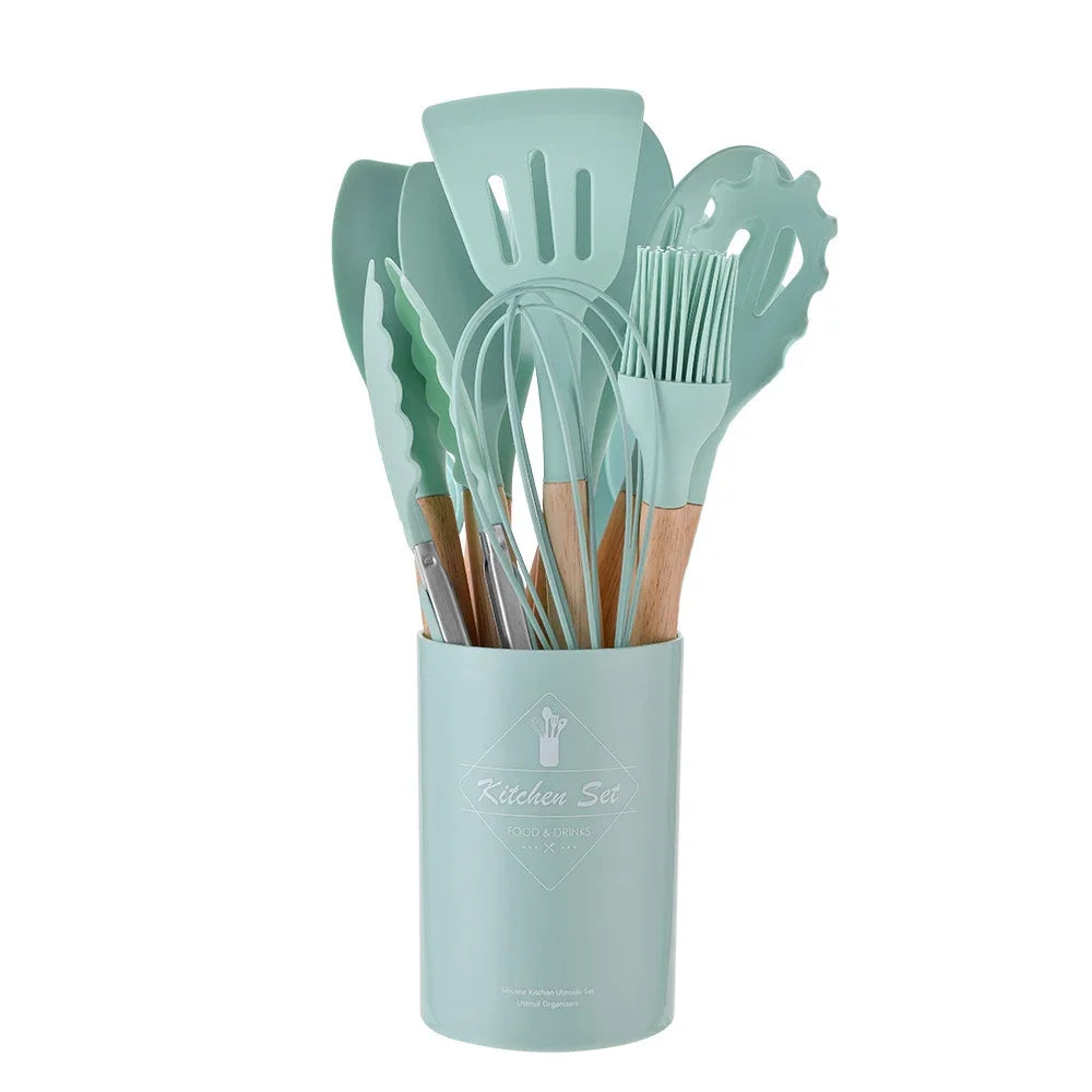 12 Piece Silicone Kitchen Utensils Set with Wooden Handles & Storage Bucket