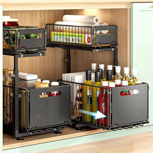 -Tier Pull-Out Cabinet Adjustable Kitchen Organizer