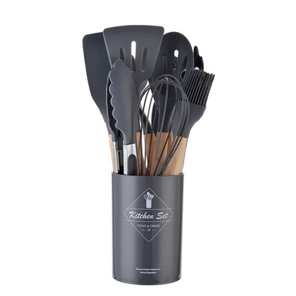 12 Piece Silicone Kitchen Utensils Set with Wooden Handles & Storage Bucket
